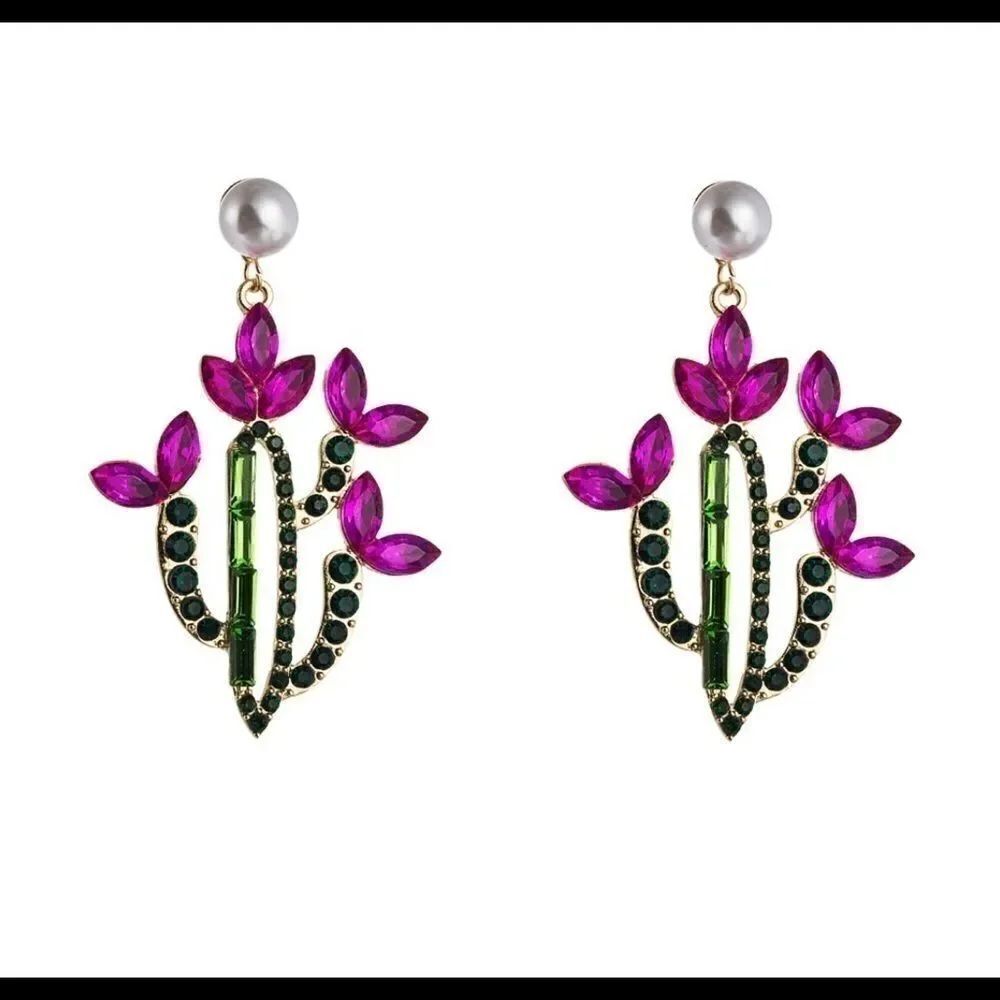 Earrings Cactus Faux Pearls Rhinestone Zinc Alloy